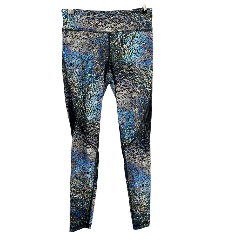 Alala Leggings Blue Black Print Mesh Panels Back Zip Pocket Workout Size Small